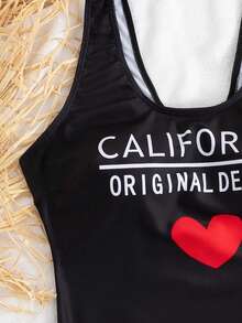 HOT SWIM Heart Letter Slogan Fixed Prints Beautiful Back One-Pieces Swimsuit Summer - Black - View 6