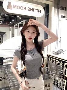Women's Summer Round Neck Hollow Out Bow Dot Print Cotton Short Sleeve Shirt, Youthful