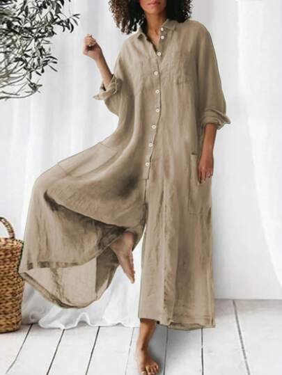 Women's Spring/Summer Break Outfits Spring Summer Women's Oversized Loose Fashion Casual Vacation Comfortable Solid Color Holiday Travel Clothing Details Multiple Pockets Design Lapel Casual Home Comfortable Attire Fashionable Jumpsuit