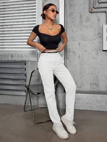 A&DD MODA, REF: 508 Women's High-Waisted Formal Pants With Belt, Elegant, Modern, Casual, Tailored Wide-Leg Trousers, Side Pockets, Flare, Wide Leg, Sophisticated Look, Structured Crepe Fabric, Premium Twill Jeans, Comfy, Versatile Style, Casual Chic, For Work And Events ✨ - 白色的 - 查看 4