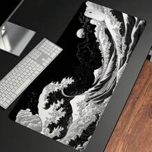 Extra Large Japanese Wave Gaming Mouse Pad - Non-Slip, Washable Rubber Base Desk Mat With Vibrant Black & White Great Wave Off Kanagawa Design, Ideal For Gamers & Professionals, Extra Long & Thick Table Pad, Nonslip Base, Fabric Top