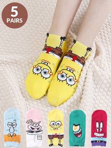 SPONGEBOB Bob Esponja 1/3/4/5 pares de meias curtas divertidas com estampa de desenho animado do Bob Esponja para o verão, respiráveis, absorventes de umidade, adequadas para uso diário, viagens escolares, meias curtas de cano baixo para estudantes, meias estilo barco - Multicolorido - Ver 1