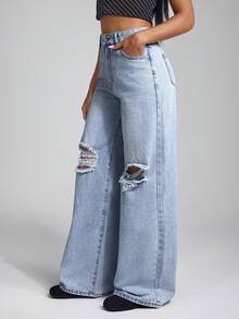 Jeanoix High Waist Slant Pocket Casual Ripped Wide Leg Jeans - Light Wash - View 3