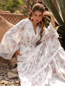 Faeriesty Vestido casual con estilo bohemio y floral con mangas de encaje con volantes y escote en V - Estampado de flores, mangas anchas para picnics de fin de semana, paseos casuales y tardes acogedoras