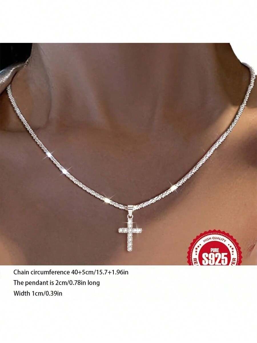1 件闪亮十字架吊坠项链，带星星装饰，适合女士 - 銀色 - 查看 1