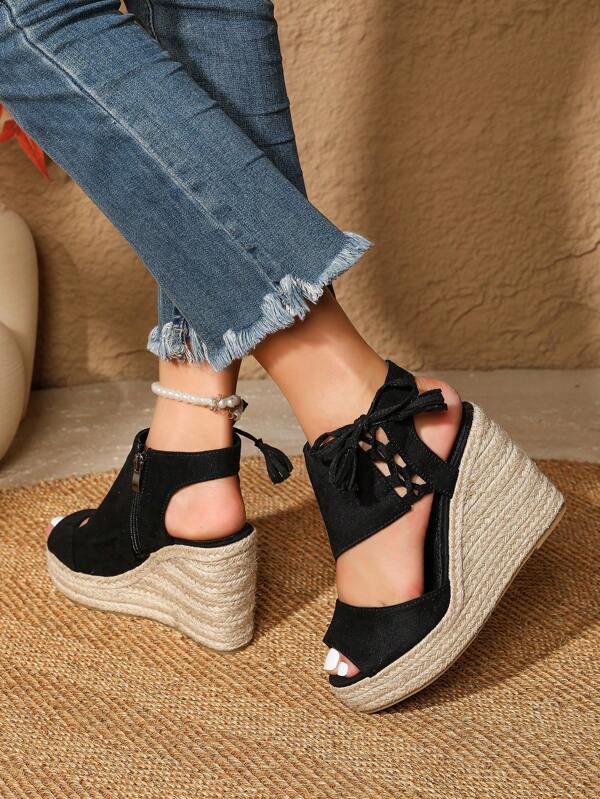 Peep Toe Vacation Elegant Academia Tassel Zippered Outdoor Lightweight Fashionable Hemp Rope Wedge Women Shoes