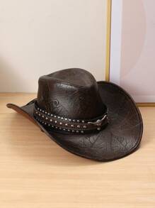 1 Unisex Metal Bull Imitation Diamond Decorated PU Leather Casual Top Hat, Elegant, Suitable For Travel, Parties, Western Cowboy Themed Parties, And Daily Use