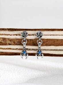 1 Par de Pendientes de Plata de Ley 925 con Flores de Rosa y Escorpión Incrustados de Cristales Vintage, Adecuados para Uso Diario de Mujeres