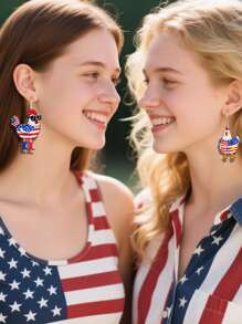 Pink Snail 1 Pair Funny Patriotic 4th Of July Statement Earrings - Lip, Heart, Hat, Rooster With Sunglasses Chicken Asymmetrical Dangle Earrings, For Women Girls Summer Winter Vacation Holiday Beach Party Gift