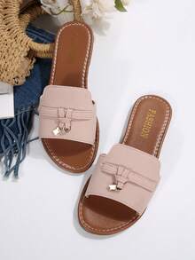 Women's Light Pink Flat Sandals, Open Toe With Metal Tassel Decor, Elegant Casual Versatile Beach Shoes Summer New Style - Baby Pink - View 7