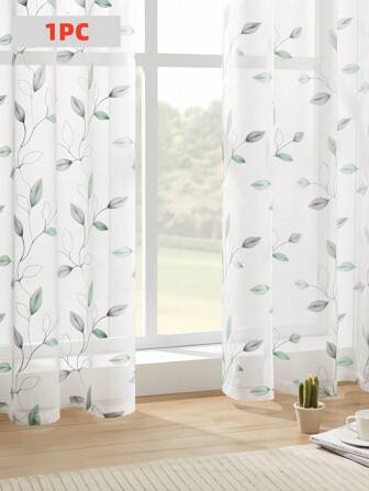 1片刺绣花藤波浪圆环农舍风薄纱窗帘，适用于客厅、卧室和家居装饰，顶部带金属环/杆袋