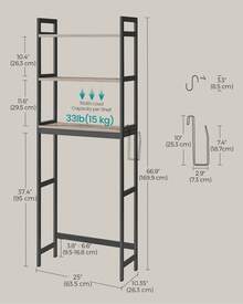 SONGMICS Over-The-Toilet Storage, 3-Tier Bathroom Organizer Over Toilet With Adjustable Shelves, Hooks, Bamboo, Freestanding Space Saver Bathroom Shelves, Heather Greige And Ink Black - 黑色 - 查看 7