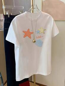 Women's Pure White Star & Shell Print Short Sleeve Midi T-Shirt, Stylish Print Casual Top, #3333 - White - View 2