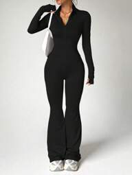 Conjunto de top de manga larga y pantalón ajustado de unicolor para mujer - Conjunto deportivo de mujer