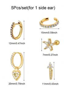 Set de 5 piezas de pendientes para mujer elegantes chapados en oro con circonita multicolor, incluyendo aro, pendiente colgante y pendiente de presión. Accesorios de joyería glamorosa.