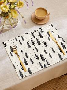 1 pieza Camino de mesa impreso con patrón de árbol de Navidad, 4/6/8 piezas Individuales impresos con patrón de árbol de Navidad, adecuados para fiestas, cumpleaños, cenas, cocina, comedor, decoración del hogar y la habitación para todo el año, decoración de mesa