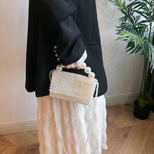 女士白色串珠手提包，时尚编织珍珠托特包，别致单肩包，春夏时尚 - 白色 - 查看 3