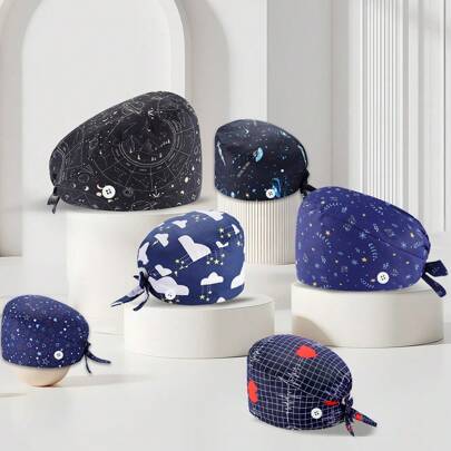 1pc Fashionable Printed Medical Scrub Cap With Design Elements, Anti-Bacterial Anti-Dust, Unisex Adjustable Elastic Band & Drawstring Nurse Hat, Sweatband Lining, Suitable For Doctors, Nurses, Beauty Salons, Chefs, Waiters, Veterinarians, Housekeepers, Printed With Cosmic Elements, Polyester, Suitable For All Seasons, Office & Everyday Use