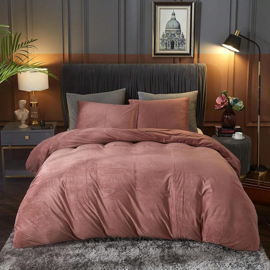 DIvellow Velvet Duvet Cover Queen Set Sage Green Comforter Cover 3Pcs Ultra Soft Cover Breathable Solid Luxury Flannel Velour Duvet Cover Zipper Closure Corner Tie - 腮紅粉紅 - 查看 1