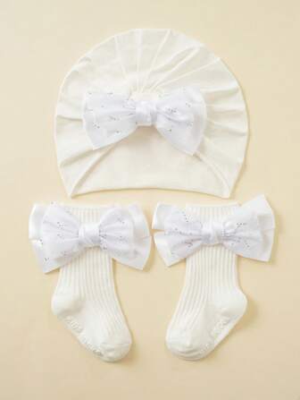 2 pièces/Set Bonnet de bébé nouveau-né et chaussettes de bébé, adorable décor avec nœud et strass, léger et casual pour le port extérieur et quotidien