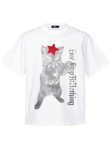 男士夏季休闲百搭猫咪字母印花T恤圆领短袖 - 白色 - 查看 2