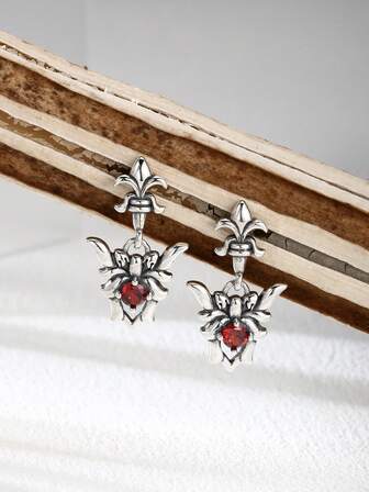 1 Pair 925 Sterling Silver Retro Punk Style Red Zirconia Spider Stud Earrings, Suitable For Daily Wear