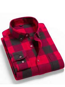 Men's Plaid FLANNEL Shirt Long Sleeve Slim NO POCKET - Redwood - View 1