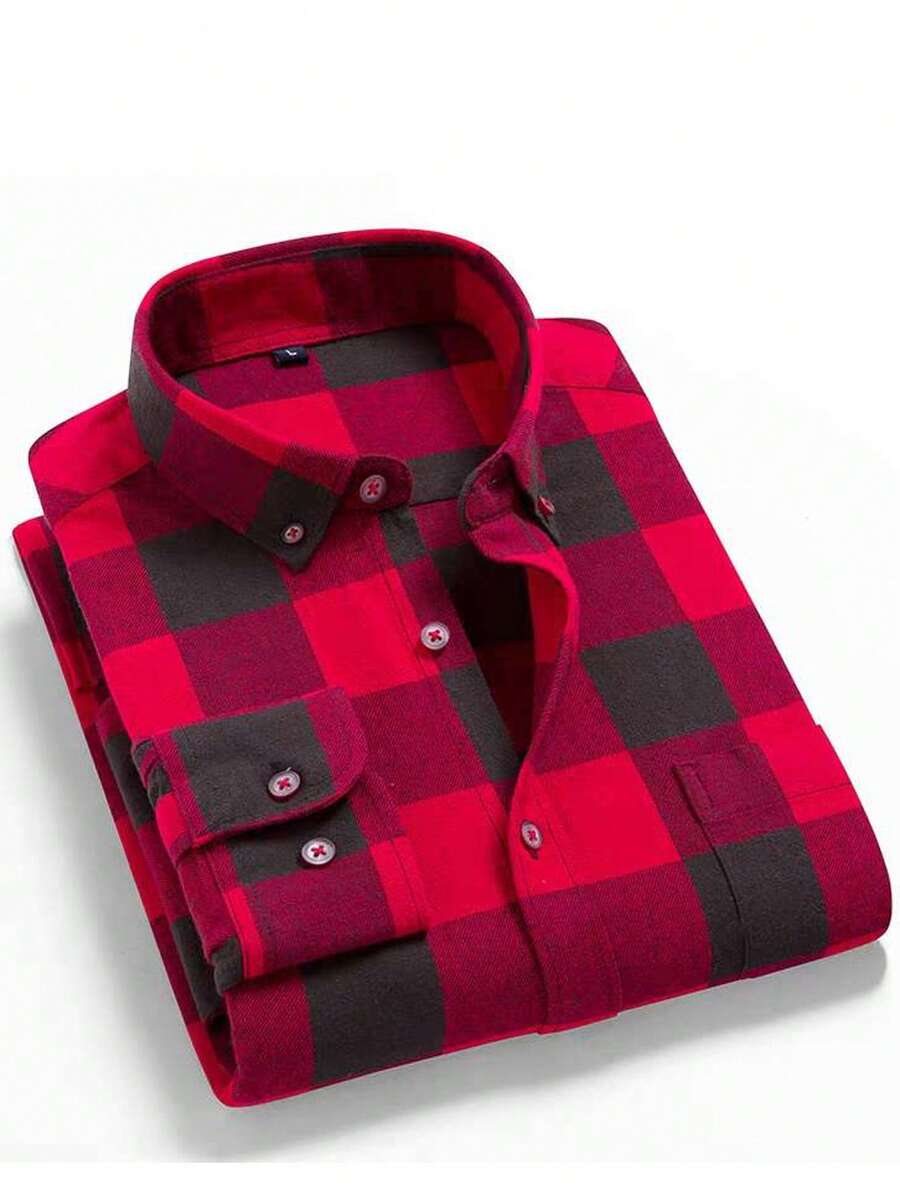 Men's Plaid FLANNEL Shirt Long Sleeve Slim NO POCKET - Redwood - View 1