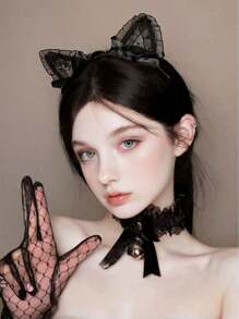 2 Peças Tiara de Orelha de Gato de Renda para Mulheres, Acessórios de Cosplay, Enfeite de Cabeça de Gatinho Fofo para Festa a Dois, Decoração de Cabelo para Festival de Halloween