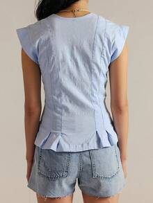 Women Y2k Button Shirt Tie Lace Patchwork Cap Sleeve Ruffle Blouse Top Fairy Going Out Top Beachwear - 藍色 - 查看 2