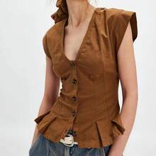 Women Y2k Button Shirt Tie Lace Patchwork Cap Sleeve Ruffle Blouse Top Fairy Going Out Top Beachwear - màu nâu - Xem 3