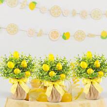 Artificial Flowers In Burlap Bag Vase, Faux Lemon And Eucalyptus Arrangement For Home Office Decoration, Dining Table Centerpiece - Yellow - View 1