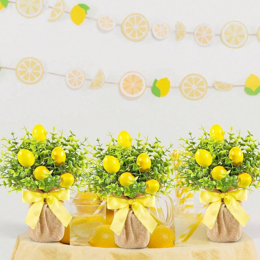 Artificial Flowers In Burlap Bag Vase, Faux Lemon And Eucalyptus Arrangement For Home Office Decoration, Dining Table Centerpiece - Yellow - View 1