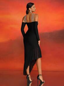 Love Aing Sophisticated Elegant European & American Style Long Sleeve Dress With Diamond-Studded Asymmetrical Mesh Splice And Lace Design - Black - View 11