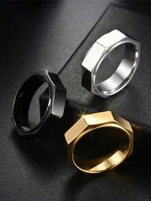 1 件时尚多边形金色/银色/黑色不锈钢戒指，男士独特情侣戒指
