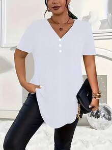全新休闲加大码纯色V领纽扣短袖上衣