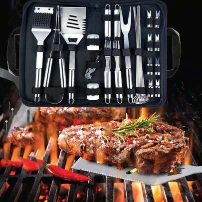 29Pcs Stainless Steel BBQ Accessories, Barbecue Grill Tool Set With Carrying Bag For Indoor And Outdoor, Camping Must Have, BBQ Tool Sets With Storage Bag For Camping, Party And Picnic, BBQ Grill Utensils Perfect Gift For Christmas Thanksgiving