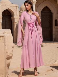 BEAUTY AMINAH 5039 V-Neck Women Abaya Dress, Waist Tie Belt + Handmade Crystal Flared Sleeve, Eid Festival Party Gown