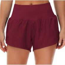Womens High Waisted Running Shorts Quick Dry Athletic Workout Shorts With Mesh Liner Zipper Pockets - Burgundy - View 2
