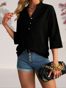 Women Solid Color Shirts Elbow Sleeve Buttons Stand Collar Blouses Summer Loose Casual Tops Streetwear - Negro - Ver 5
