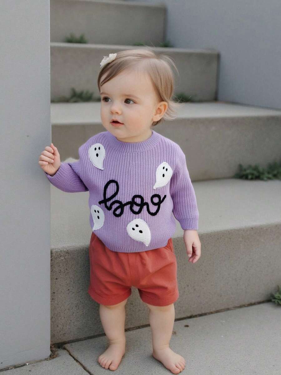 Suéter de punto de Halloween para niñas, manga larga, cuello redondo, letras fantasma bordadas, prenda de punto adecuada para uso diario y al aire libre, tela suave y cómoda, agradable para la piel, un regalo de cumpleaños imprescindible. - Morado - Ver 1