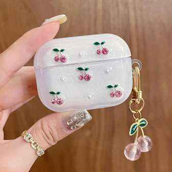 Resin Coated Cherry Pattern Wireless Bluetooth Earphone Case Compatible With Apple 4/3/Pro/Pro2, Shockproof Bluetooth Earphone Protector, Pink