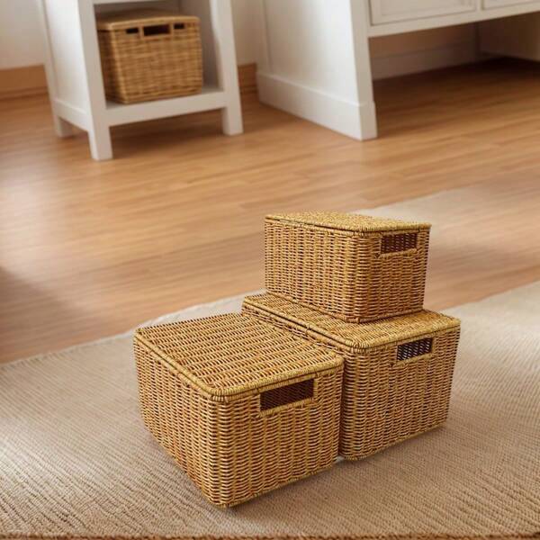 1pc Woven Rattan Storage Box, Home Organizer Basket, Closet Clothing Storage Bin, Suitable For Living Room, Bedroom, Kitchen - Storage For Clothes, Snacks, Toys