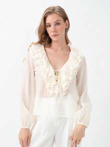Ladies' New French Ruffle Edge Design With V-Neck Lace Up Long Sleeved Shirt - Beige - View 3