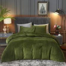 DIvellow Velvet Duvet Cover Queen Set Sage Green Comforter Cover 3Pcs Ultra Soft Cover Breathable Solid Luxury Flannel Velour Duvet Cover Zipper Closure Corner Tie - 翡翠綠 - 查看 1