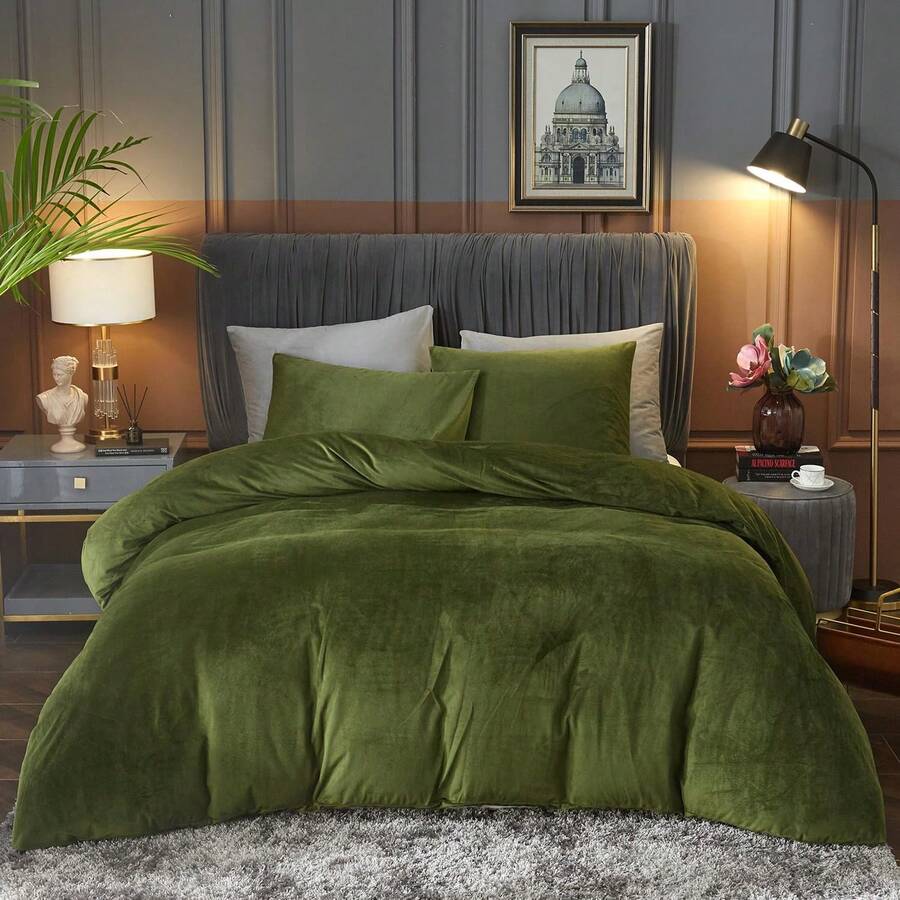 DIvellow Velvet Duvet Cover Queen Set Sage Green Comforter Cover 3Pcs Ultra Soft Cover Breathable Solid Luxury Flannel Velour Duvet Cover Zipper Closure Corner Tie - 翡翠綠 - 查看 1