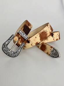 DVN Cow Print Belt, Western Buckle Leather Belt, Fashionable Versatile Fall, Autumn, Halloween Autumn-Winter Accessories,Suitable For Teens, Youth,Men,Casual, Outdoor, Athletic, Vacation, Graduation Gifts, Birthday, Daily Wear - Multicolor - View 7