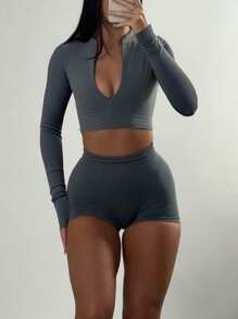 GAOVOT Women's Two Pieces Sexy Athleisure Running Exercise Yoga Long Sleeve Top And Shorts Set