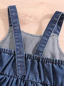Vestido vaquero casual con volantes y parches, con tirantes ajustables, para bebé y niñas pequeñas, nueva llegada de verano - Azul lavado oscuro - Ver 3