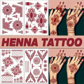 3 Pieces Red Henna Art Tattoo Stickers, Waterproof Temporary Tattoo Stickers, Women's Red Henna Temporary Tattoos, DIY Nail Temporary Tattoos For Hands, Chest, Tummy & Back